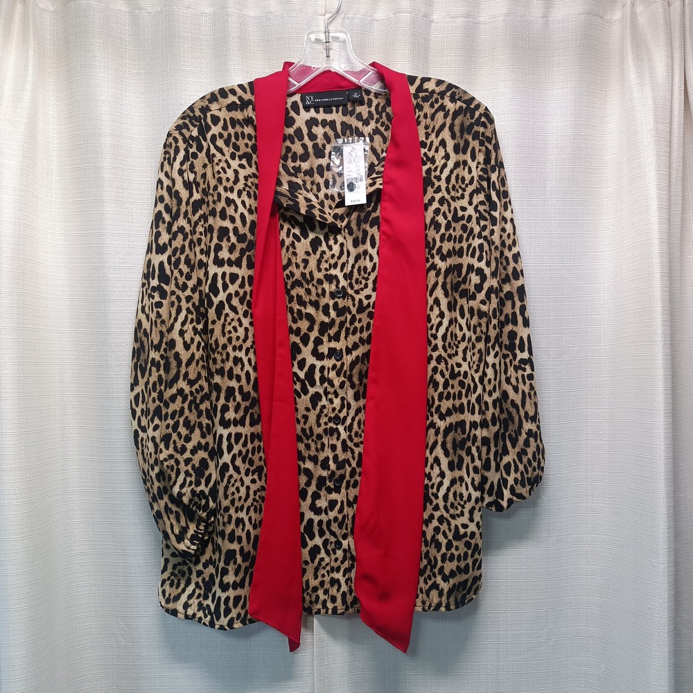 New York & Company Leopard Print Blouse Red Tie‎ Neck Button Down Womens XL NWT